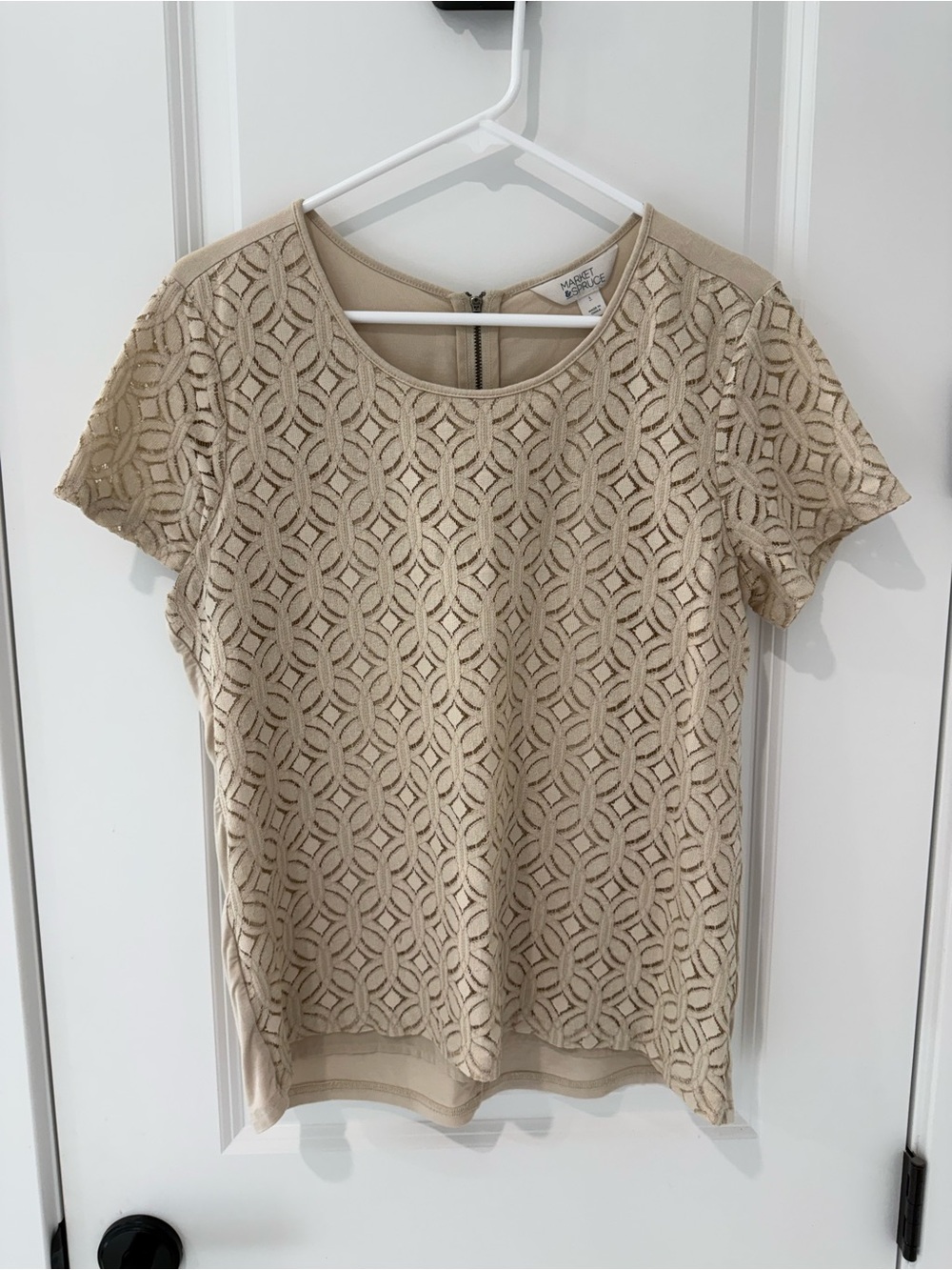 Beige Lace Overlay Short Sleeve Top